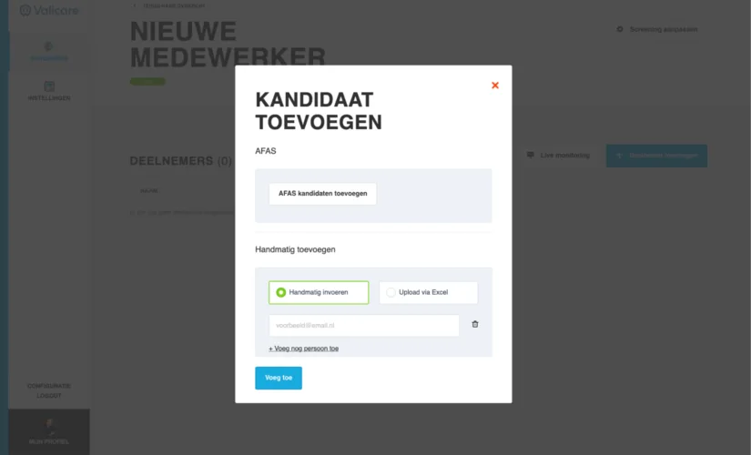 Valicare scherm kandidaat uitnodigen