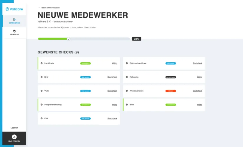 Valicare scherm nieuwe medewerker