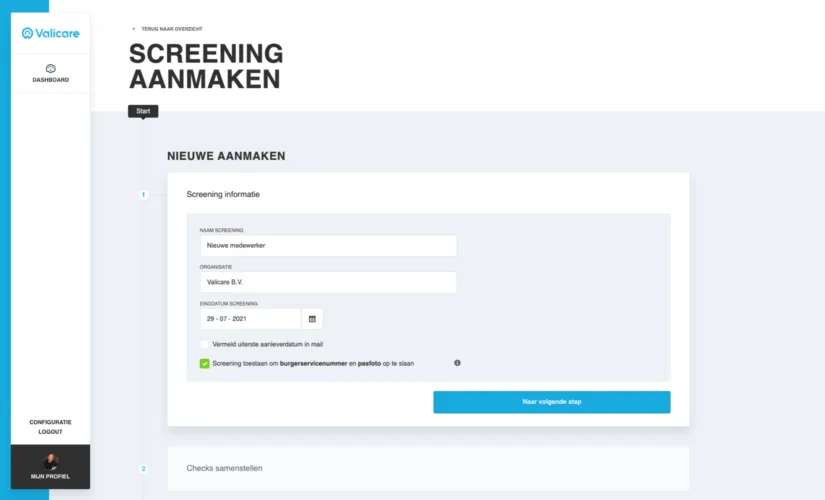 Valicare scherm screeningaanmaken